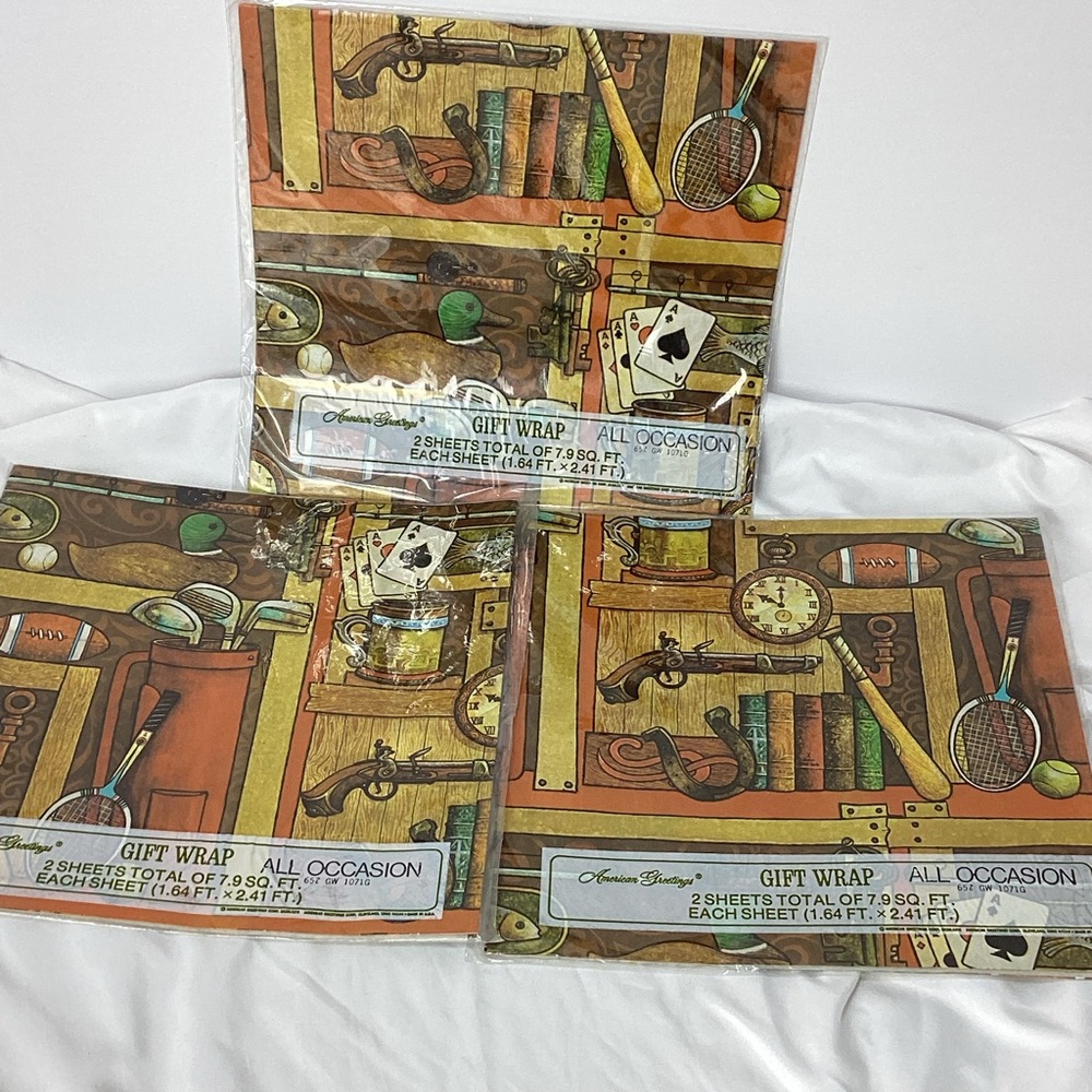 Vintage American Greeting Sportsman Themed Gift Wrap Set 3 Squares New Old Stock
